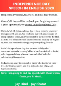 Independence day speech in English 2023